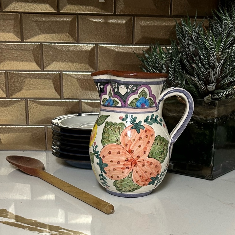Pottery Pitcher/Vase Hand Painted Portuguese Pottery Pitcher/ Patio Decor/EUC